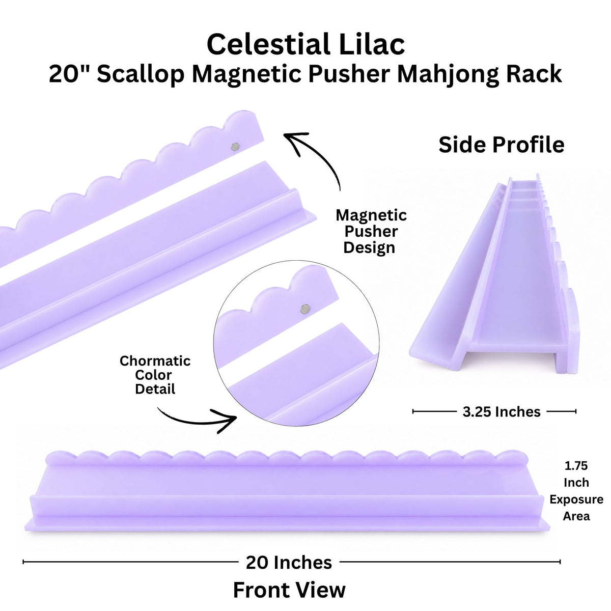 Mahjong racks with a 20-inch scalloped magnetic pusher in Celestial Lilac, showing front, side profile, and circular detail views with text labels and dimensions on a white background.