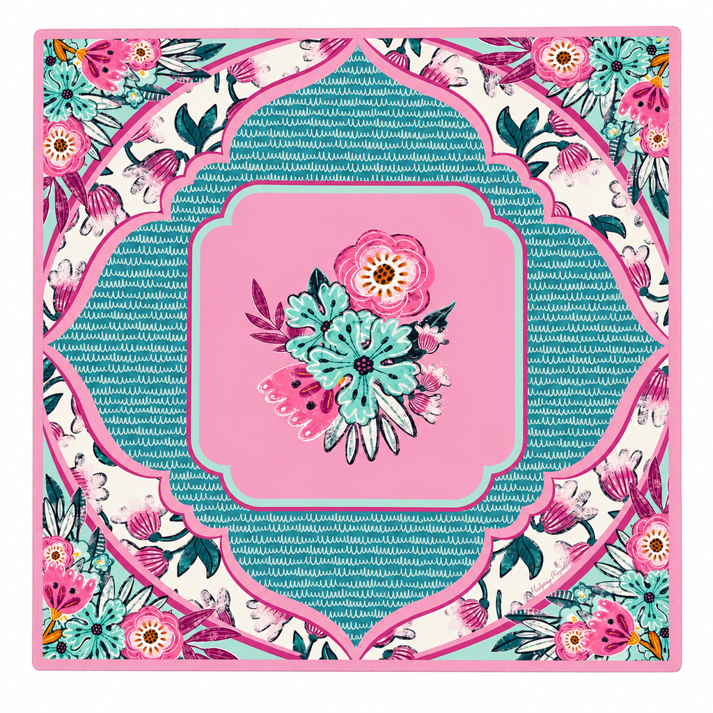 A leather Mahjong Mat featuring a symmetrical floral design with a pink center, turquoise and pink patterned sections, and illustrated flowers and leaves around the border.