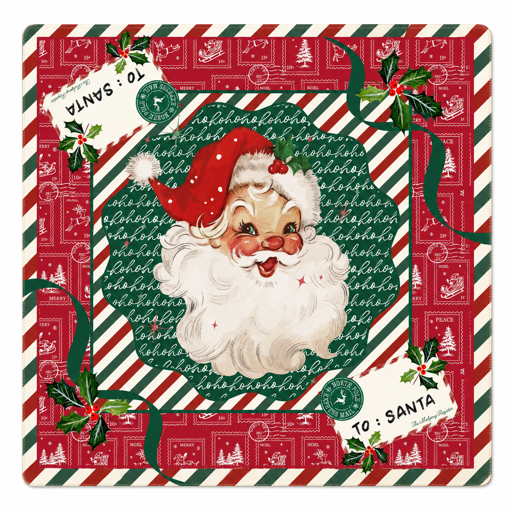 Santas letters mahjong mat has a red, green, and white pattern. The top surface of the fabric is decorated with a festive Christmas design featuring a smiling Vintage Santa Claus face, green and white stripes, and the word 'hohoho' repeated.