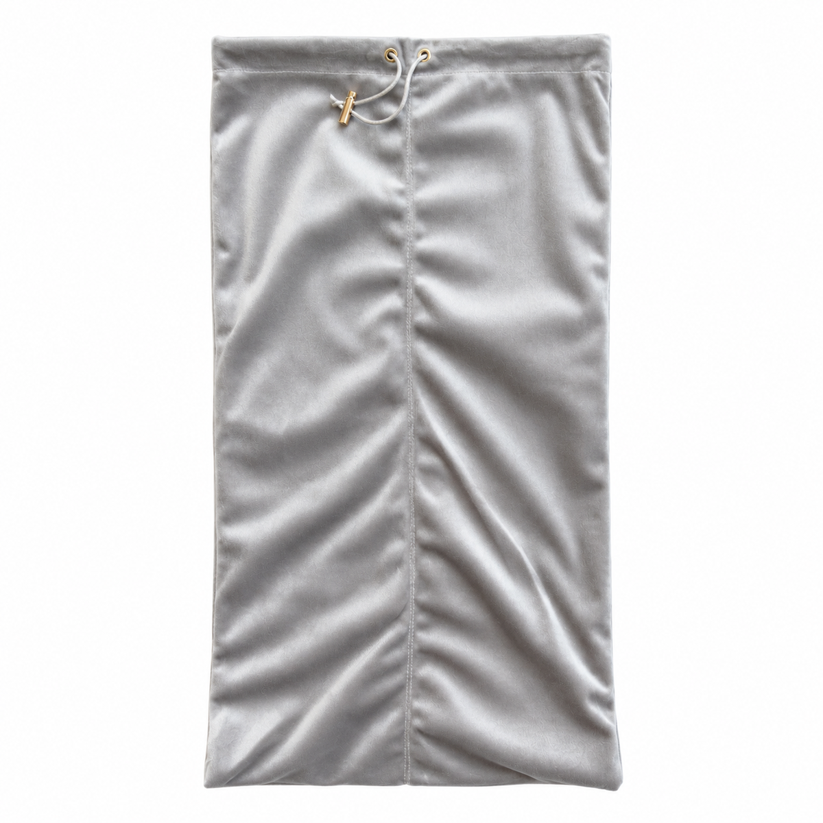 A silver mahjong rack drawstring bag made of velvet, shown flat against a solid white background.