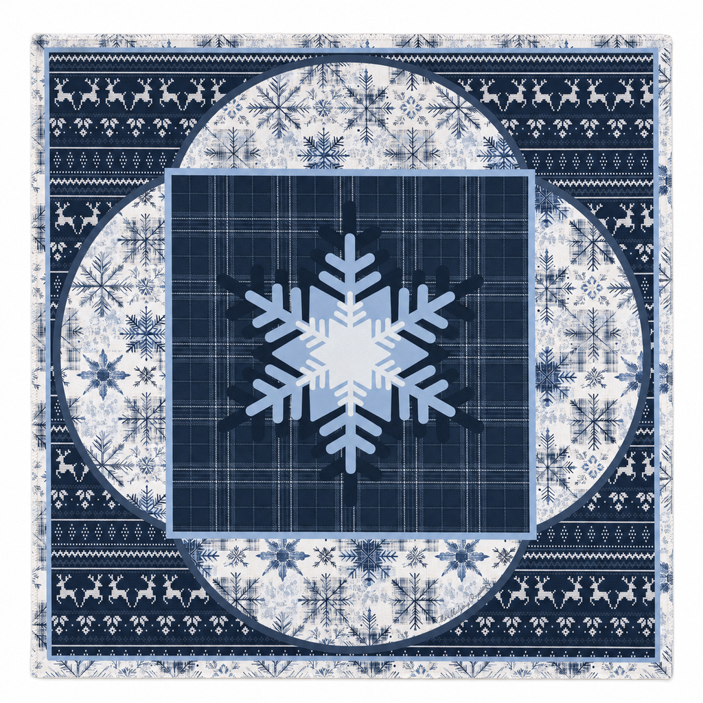 A square winter-themed mahjong mat with a large navy snowflake on a light blue background and blue plaid borders.