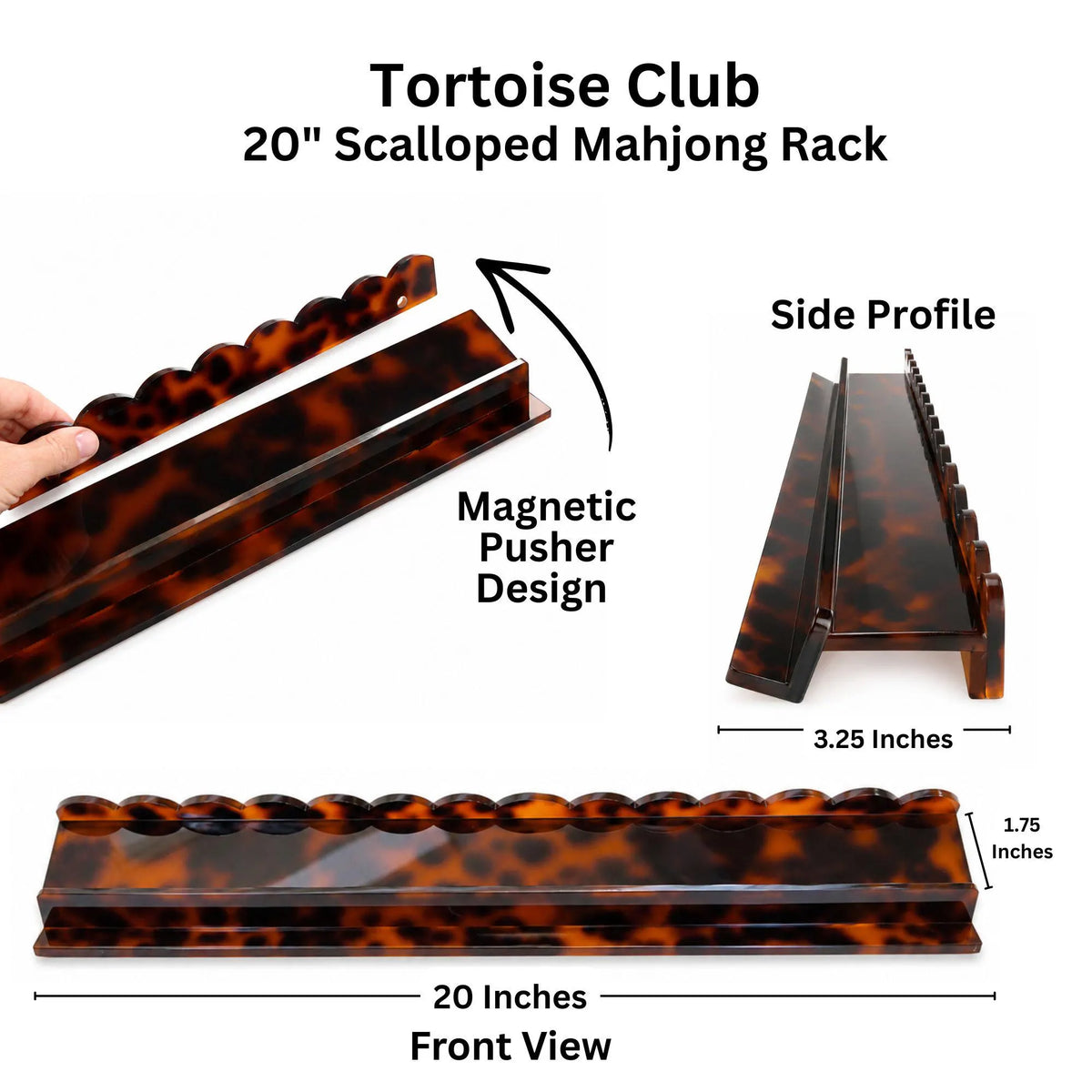 Tortoise Club 20-inch scalloped mahjong rack shown with labeled dimensions and feature callouts, including front view, side profile, and magnetic pusher design, on a white background.